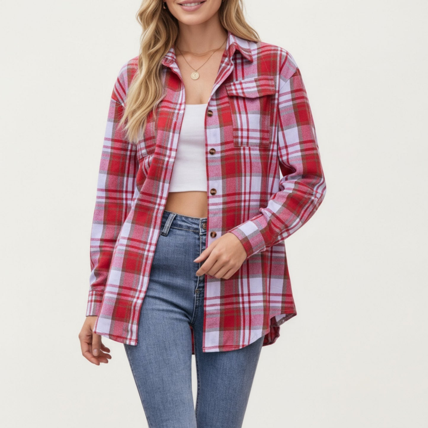 Anna-Kaci Women's Long Sleeve Plaid Button-Up Shirt with Front Pockets and Relaxed Fit