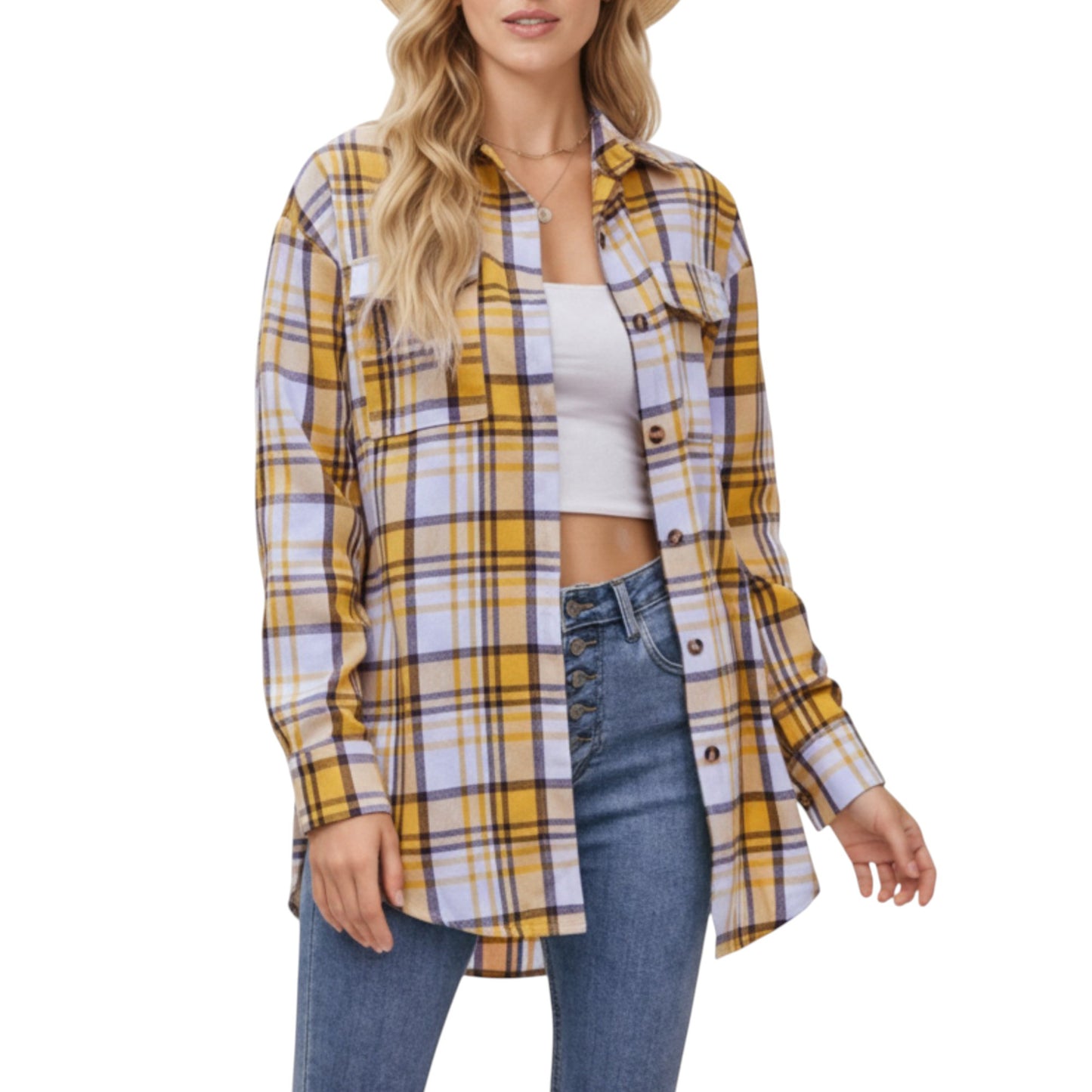 Anna-Kaci Women's Long Sleeve Plaid Button-Up Shirt with Front Pockets and Relaxed Fit