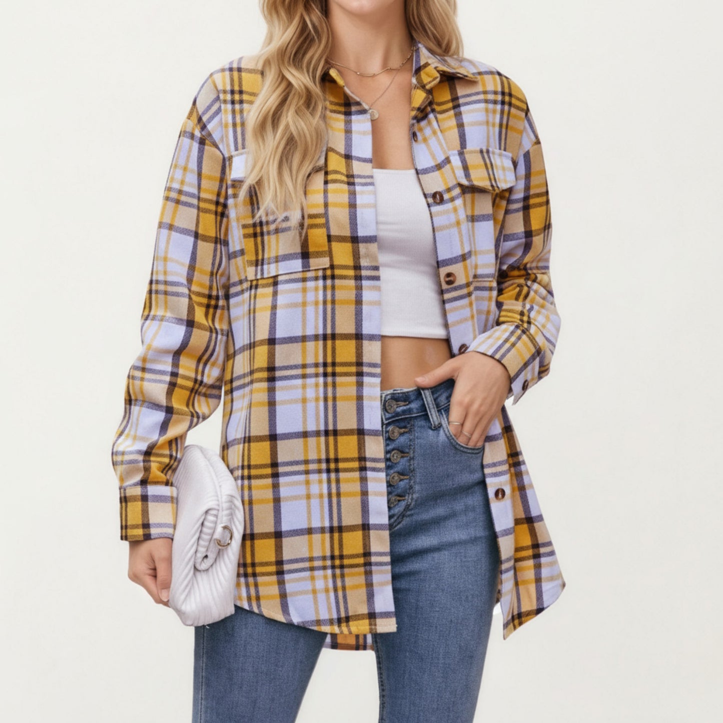 Anna-Kaci Women's Long Sleeve Plaid Button-Up Shirt with Front Pockets and Relaxed Fit