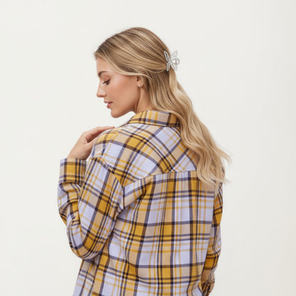 Anna-Kaci Women's Long Sleeve Plaid Button-Up Shirt with Front Pockets and Relaxed Fit