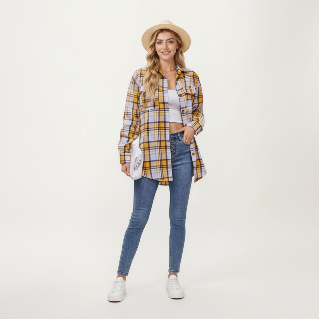 Anna-Kaci Women's Long Sleeve Plaid Button-Up Shirt with Front Pockets and Relaxed Fit