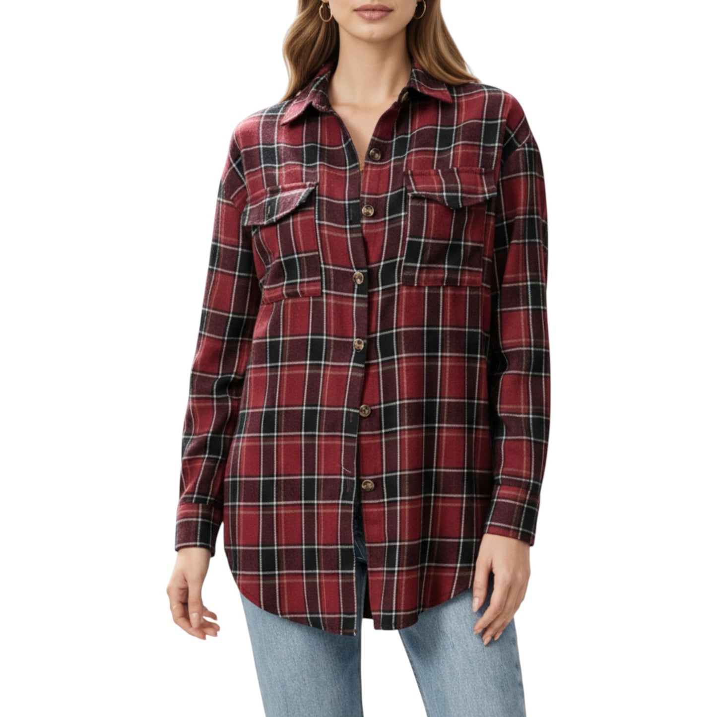 Anna-Kaci Women's Long Sleeve Plaid Button-Up Shirt with Chest Pockets