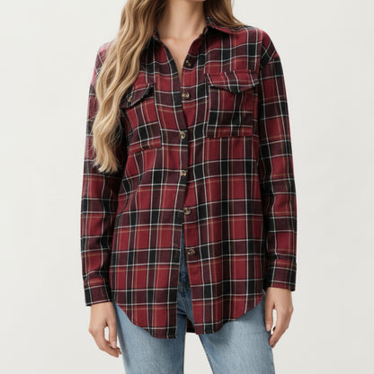 Anna-Kaci Women's Long Sleeve Plaid Button-Up Shirt with Chest Pockets