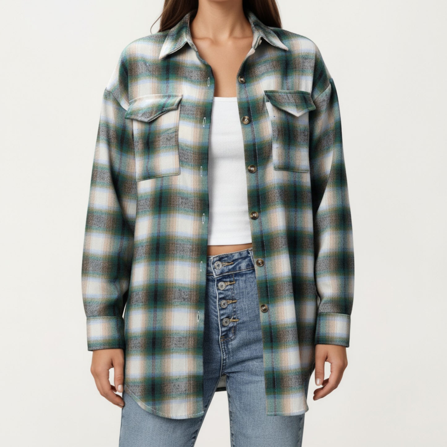 Anna-Kaci Women's Long Sleeve Plaid Button-Up Shirt with Chest Pockets