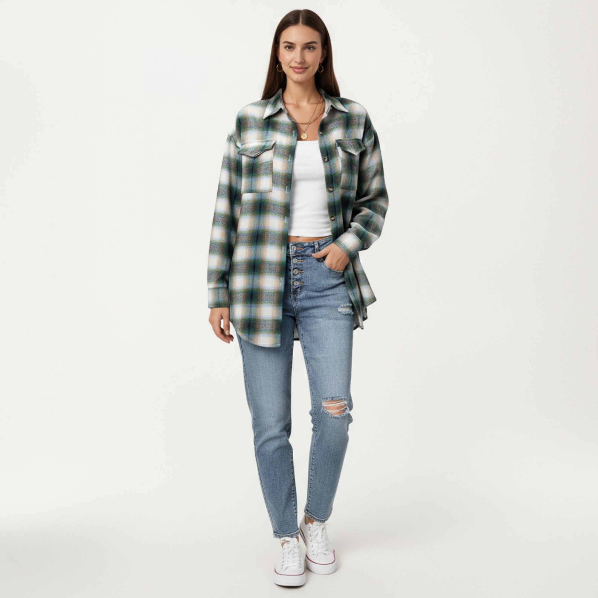 Anna-Kaci Women's Long Sleeve Plaid Button-Up Shirt with Chest Pockets
