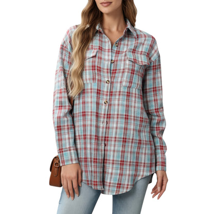 Anna-Kaci Women's Long Sleeve Plaid Button-Up Shirt with Chest Pockets