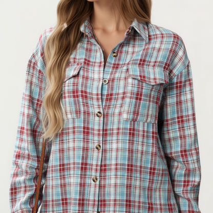 Anna-Kaci Women's Long Sleeve Plaid Button-Up Shirt with Chest Pockets