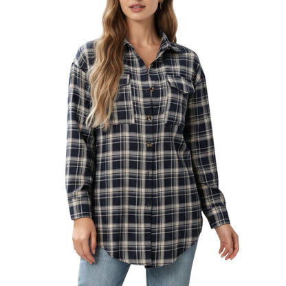 Anna-Kaci Women's Long Sleeve Plaid Button-Up Shirt with Chest Pockets