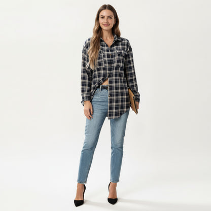 Anna-Kaci Women's Long Sleeve Plaid Button-Up Shirt with Chest Pockets