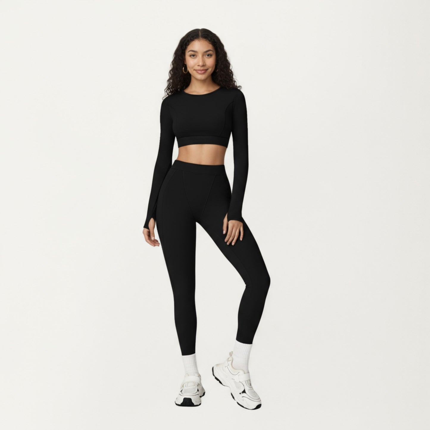 Anna-Kaci Active Women's Ribbed Cropped Long-Sleeve Top with Square Neckline and Contour Seaming