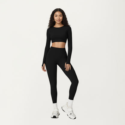 Anna-Kaci Active Women's Ribbed Cropped Long-Sleeve Top with Square Neckline and Contour Seaming