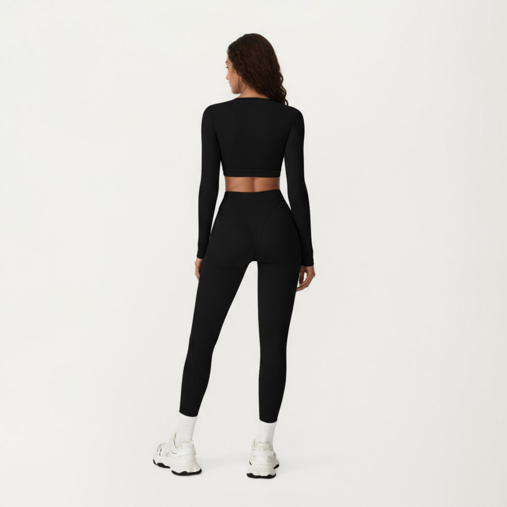 Anna-Kaci Active Women's Ribbed Cropped Long-Sleeve Top with Square Neckline and Contour Seaming