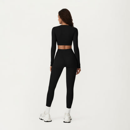 Anna-Kaci Active Women's Ribbed Cropped Long-Sleeve Top with Square Neckline and Contour Seaming