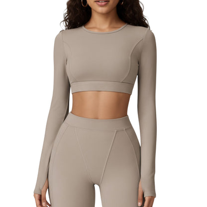 Anna-Kaci Active Women's Ribbed Cropped Long-Sleeve Top with Square Neckline and Contour Seaming