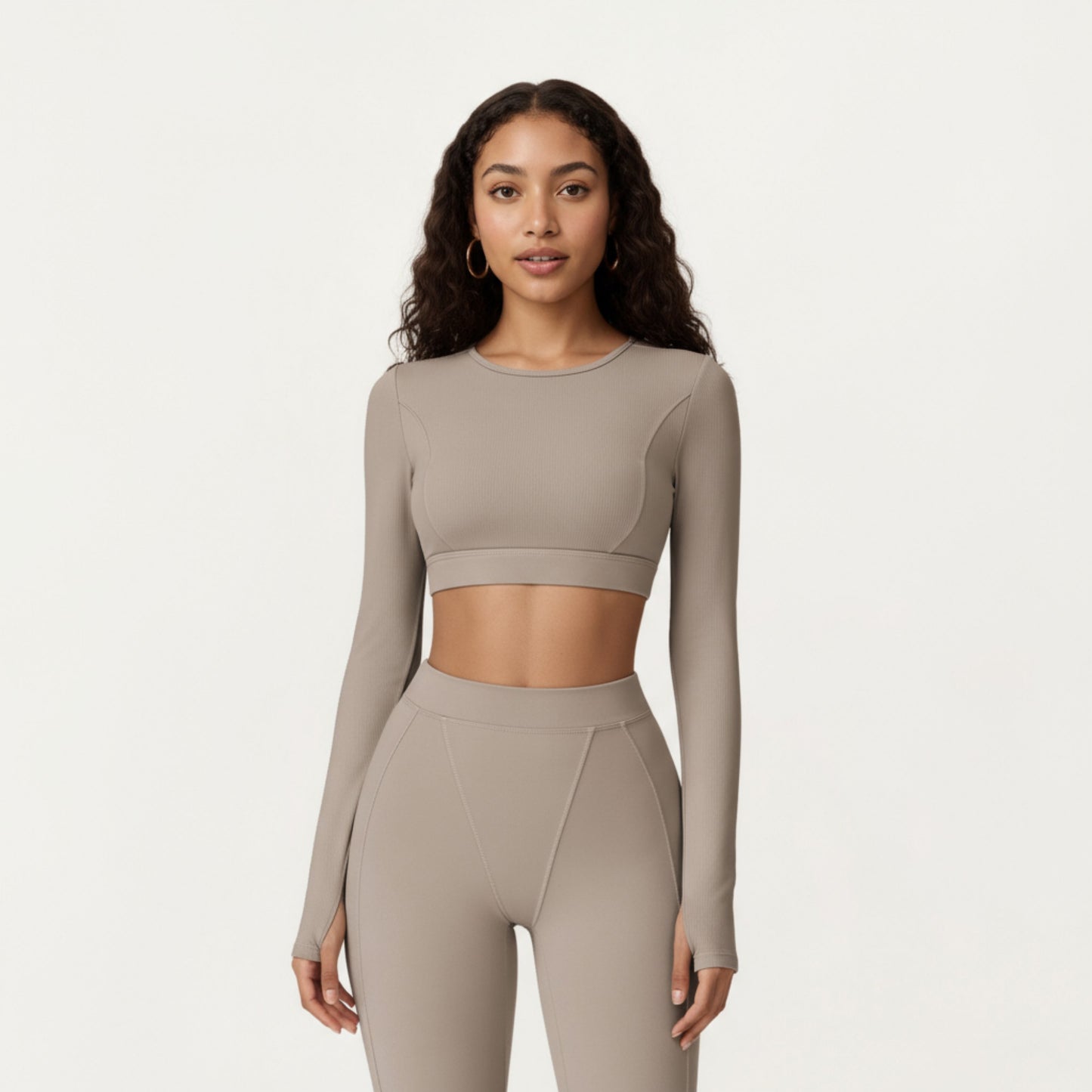 Anna-Kaci Active Women's Ribbed Cropped Long-Sleeve Top with Square Neckline and Contour Seaming