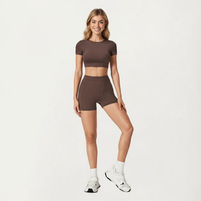 Anna-Kaci Active Women's Ribbed Cropped Short-Sleeve Top with Contour Waist Detail
