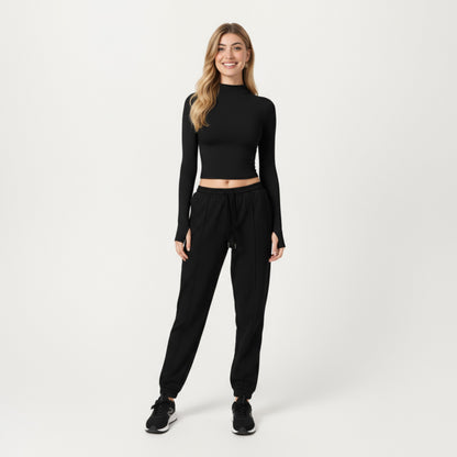 Anna-Kaci Active Women's High-Neck Cropped Long-Sleeve Top with Soft Textured Fabric