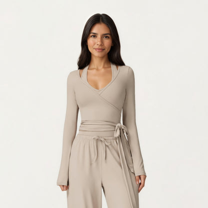 Anna-Kaci Active Women's V-Neck Belted Waist Layering Piece Outwear with Front Tie Detail