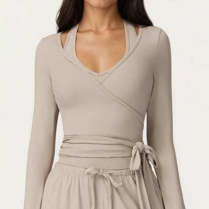Anna-Kaci Active Women's V-Neck Belted Waist Layering Piece Outwear with Front Tie Detail