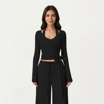 Anna-Kaci Active Women's V-Neck Belted Waist Layering Piece Outwear with Front Tie Detail