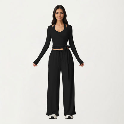 Anna-Kaci Active Women's V-Neck Belted Waist Layering Piece Outwear with Front Tie Detail