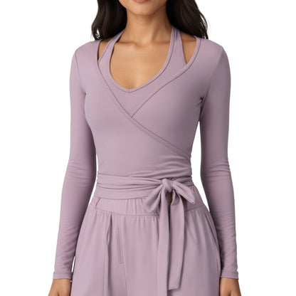 Anna-Kaci Active Women's V-Neck Belted Waist Layering Piece Outwear with Front Tie Detail