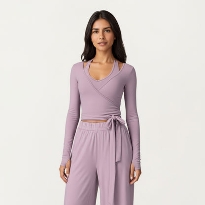 Anna-Kaci Active Women's V-Neck Belted Waist Layering Piece Outwear with Front Tie Detail