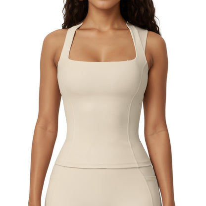 Anna-Kaci Active Women's Square Neck Sleeveless Fitted Active Tank Top with Seam Detailing