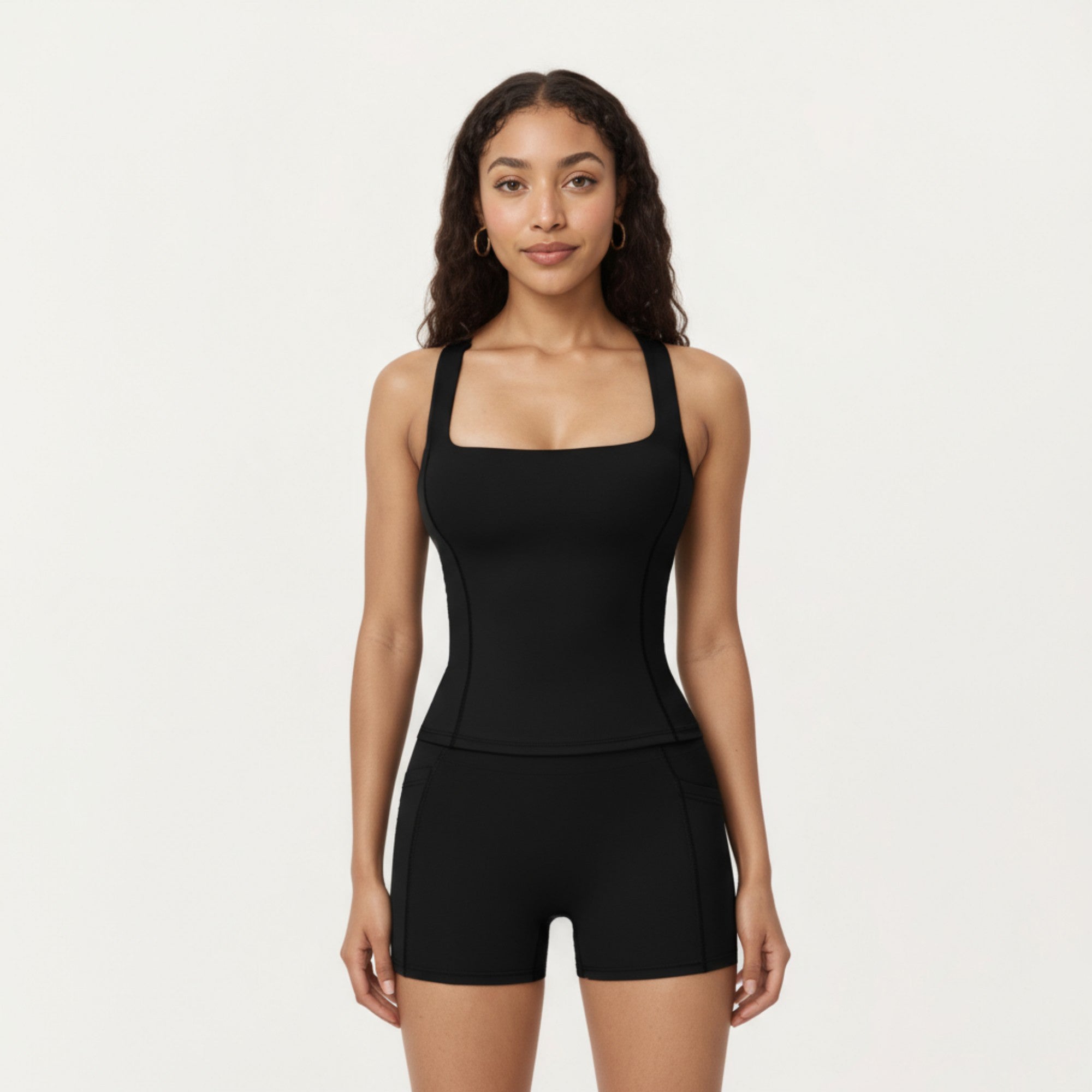 Anna-Kaci Active Women's Square Neck Sleeveless Fitted Active Tank Top with Seam Detailing