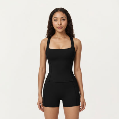 Anna-Kaci Active Women's Square Neck Sleeveless Fitted Active Tank Top with Seam Detailing
