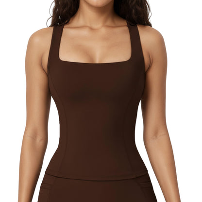 Anna-Kaci Active Women's Square Neck Sleeveless Fitted Active Tank Top with Seam Detailing