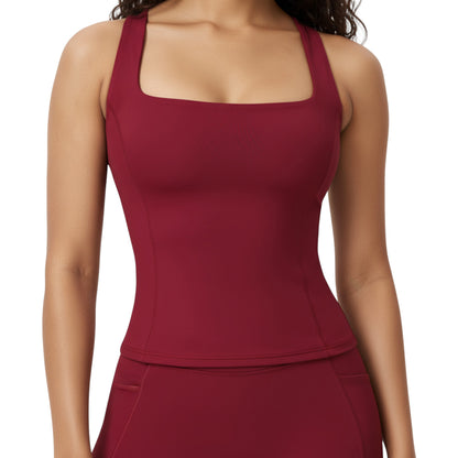 Anna-Kaci Active Women's Square Neck Sleeveless Fitted Active Tank Top with Seam Detailing