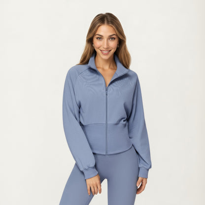 Anna-Kaci Active Women's High Neck Long Sleeve Zip-Up Jacket with Fitted Waistband and Soft Knit Fabric