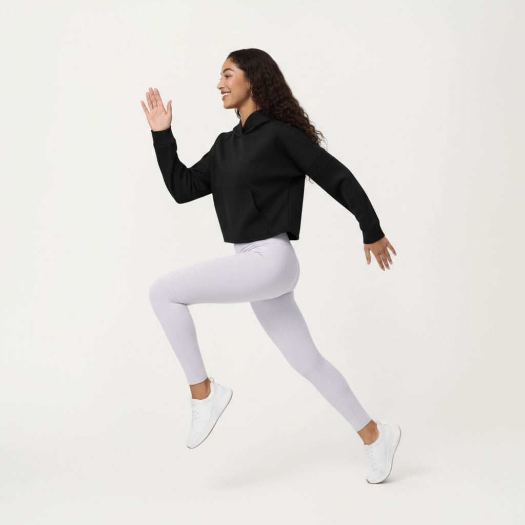 Anna-Kaci Active Women's Long Sleeve Cropped Hoodie with Kangaroo Pocket and Striped Sleeve Detail