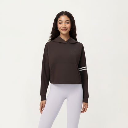 Anna-Kaci Active Women's Long Sleeve Cropped Hoodie with Kangaroo Pocket and Striped Sleeve Detail