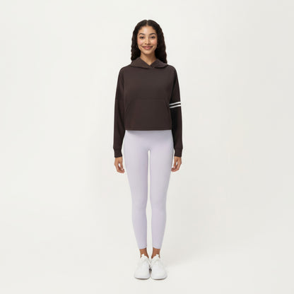 Anna-Kaci Active Women's Long Sleeve Cropped Hoodie with Kangaroo Pocket and Striped Sleeve Detail