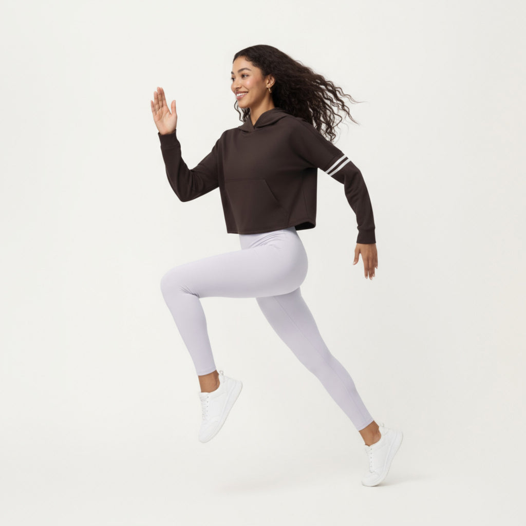 Anna-Kaci Active Women's Long Sleeve Cropped Hoodie with Kangaroo Pocket and Striped Sleeve Detail