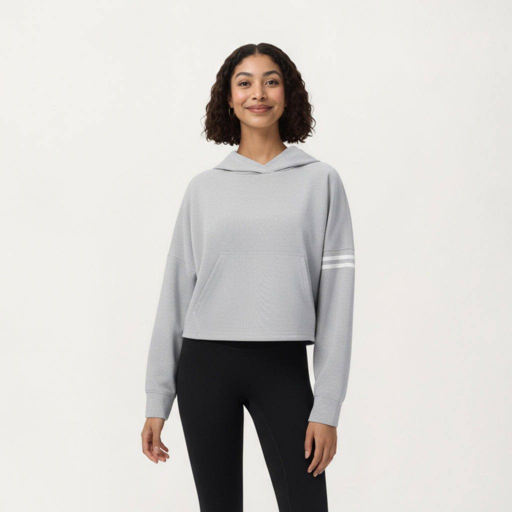 Anna-Kaci Active Women's Long Sleeve Cropped Hoodie with Kangaroo Pocket and Striped Sleeve Detail