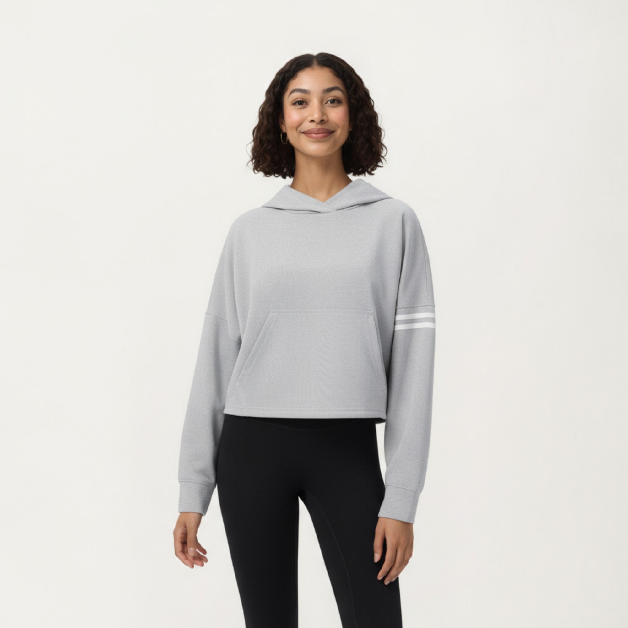 Anna-Kaci Active Women's Long Sleeve Cropped Hoodie with Kangaroo Pocket and Striped Sleeve Detail