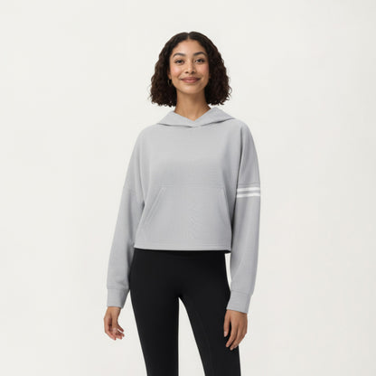 Anna-Kaci Active Women's Long Sleeve Cropped Hoodie with Kangaroo Pocket and Striped Sleeve Detail