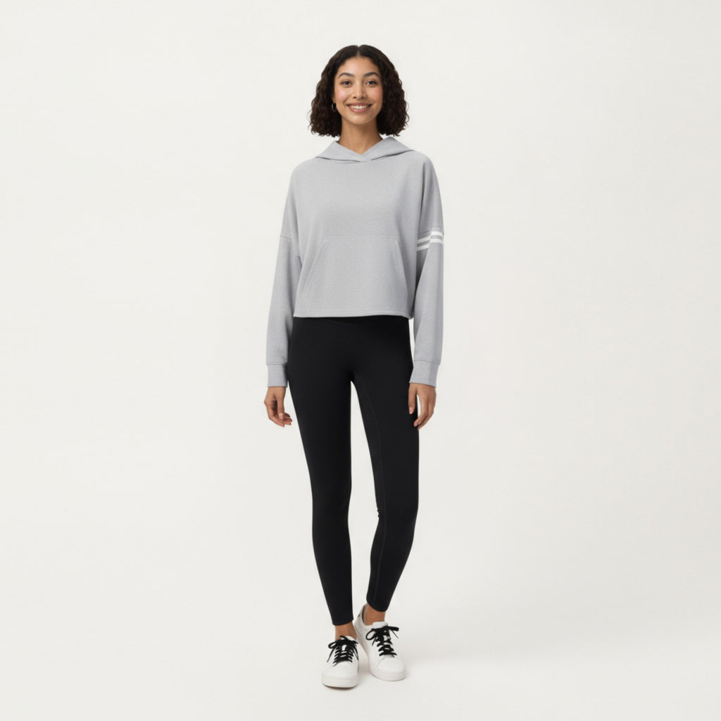 Anna-Kaci Active Women's Long Sleeve Cropped Hoodie with Kangaroo Pocket and Striped Sleeve Detail
