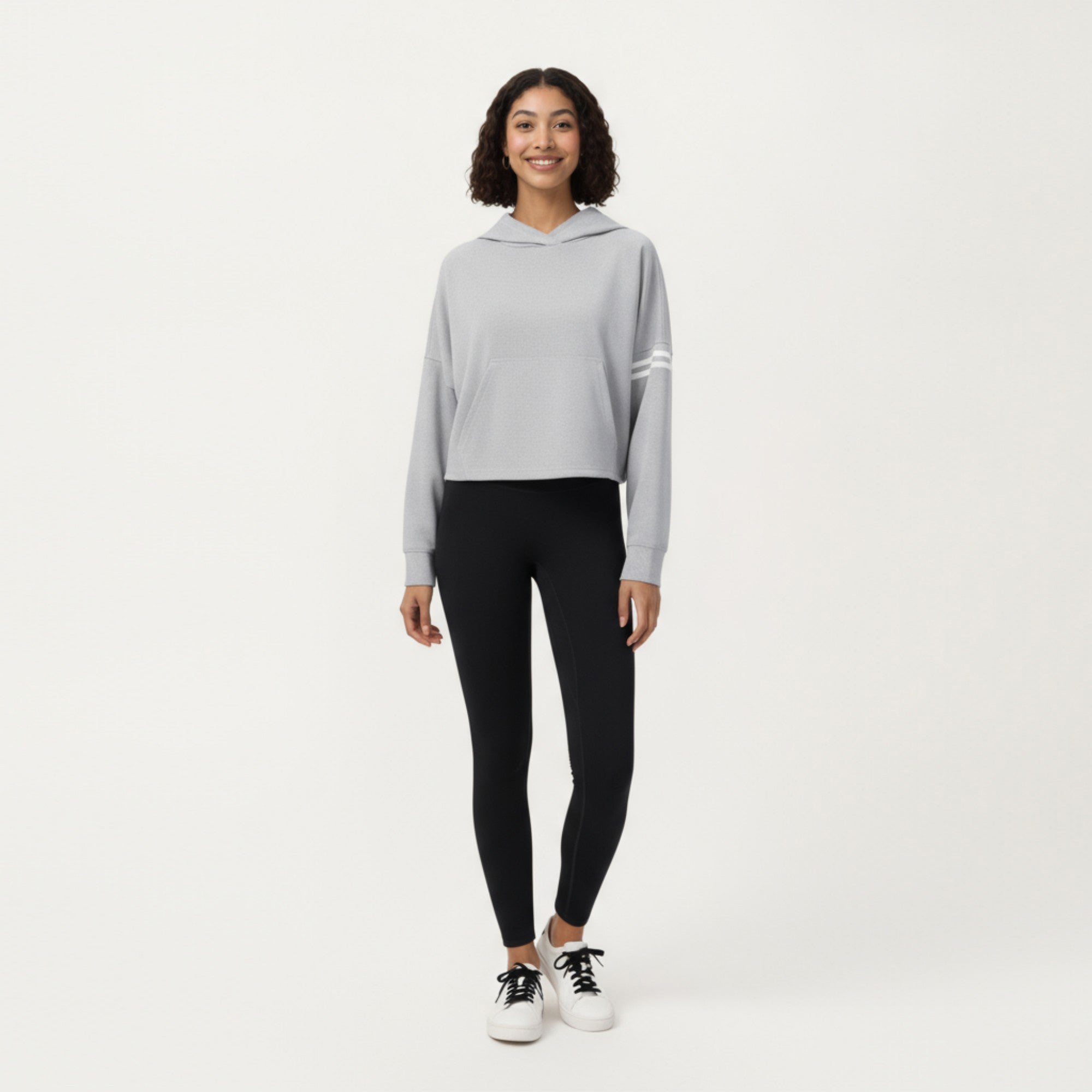 Anna-Kaci Active Women's Long Sleeve Cropped Hoodie with Kangaroo Pocket and Striped Sleeve Detail