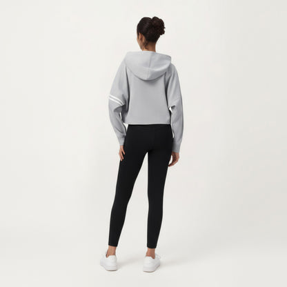 Anna-Kaci Active Women's Long Sleeve Cropped Hoodie with Kangaroo Pocket and Striped Sleeve Detail