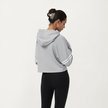 Anna-Kaci Active Women's Long Sleeve Cropped Hoodie with Kangaroo Pocket and Striped Sleeve Detail