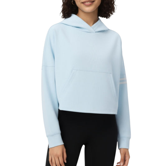 Anna-Kaci Active Women's Long Sleeve Cropped Hoodie with Kangaroo Pocket and Striped Sleeve Detail