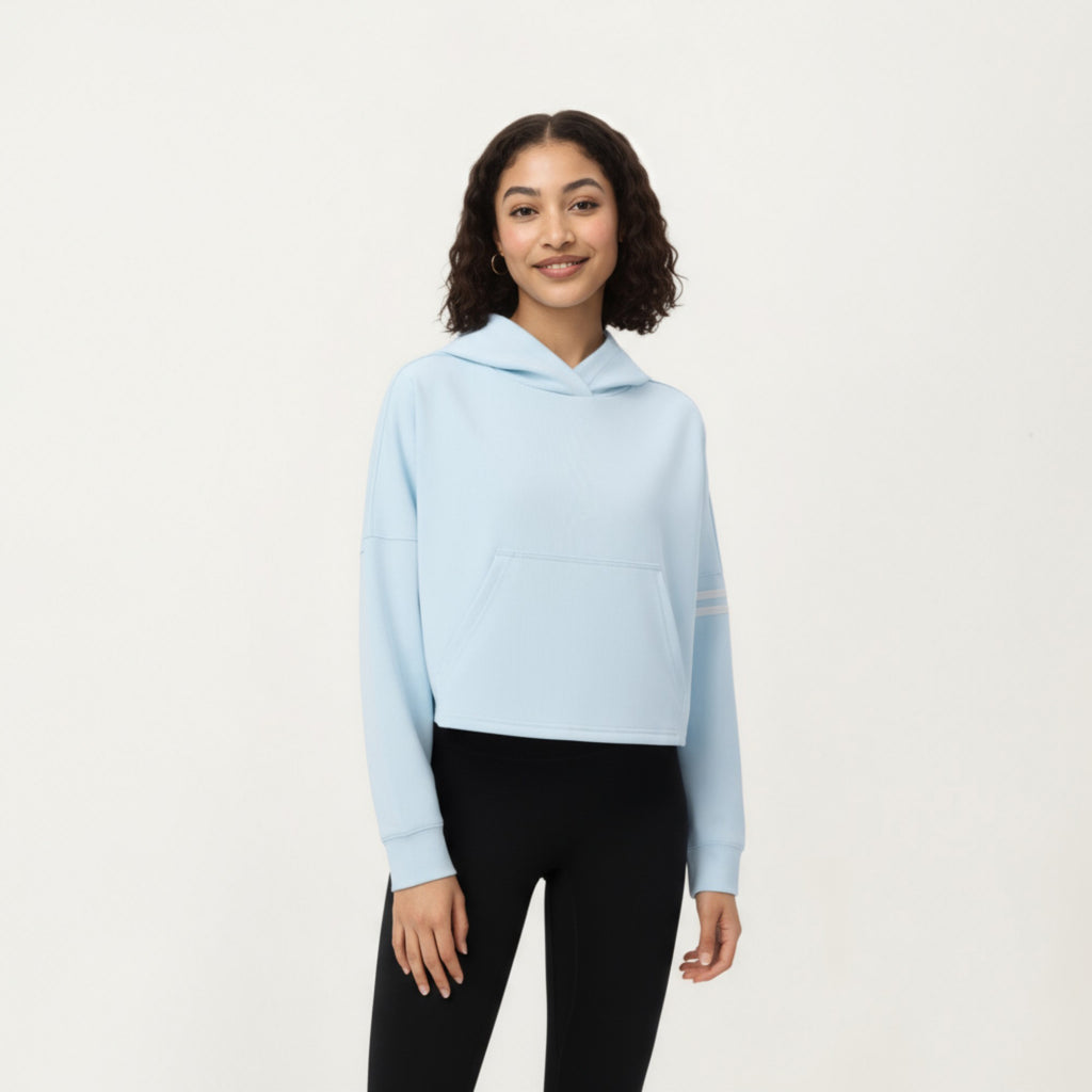 Anna-Kaci Active Women's Long Sleeve Cropped Hoodie with Kangaroo Pocket and Striped Sleeve Detail
