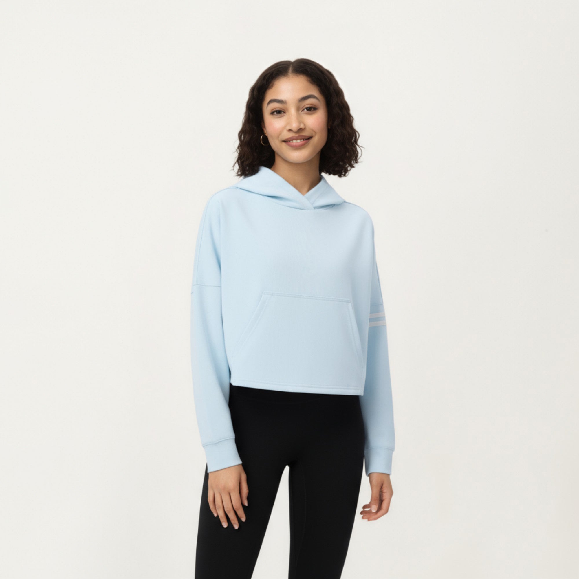 Anna-Kaci Active Women's Long Sleeve Cropped Hoodie with Kangaroo Pocket and Striped Sleeve Detail