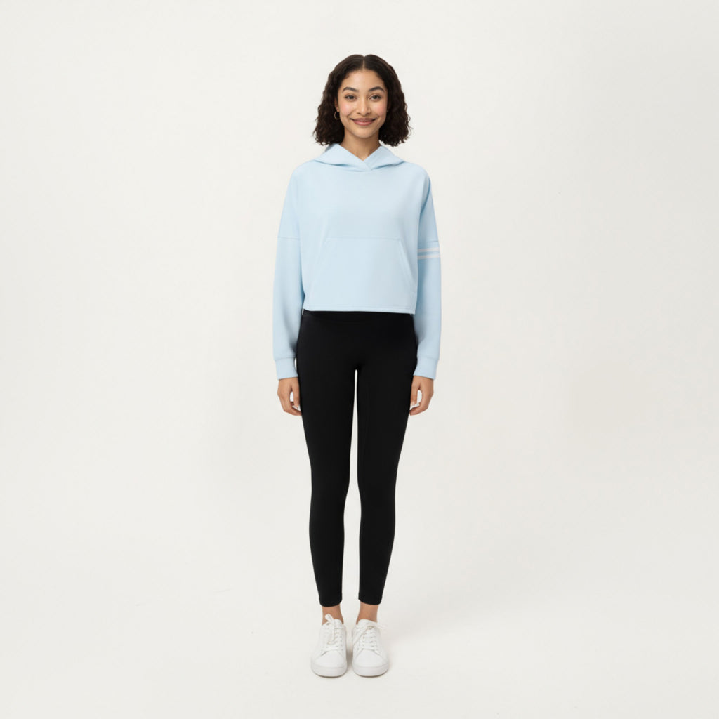 Anna-Kaci Active Women's Long Sleeve Cropped Hoodie with Kangaroo Pocket and Striped Sleeve Detail