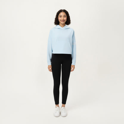 Anna-Kaci Active Women's Long Sleeve Cropped Hoodie with Kangaroo Pocket and Striped Sleeve Detail