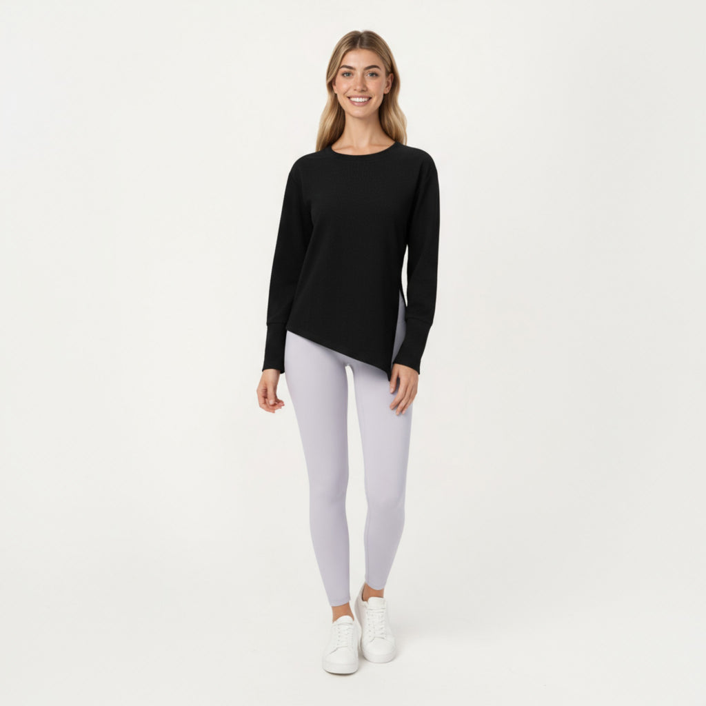 Anna-Kaci Active Women's Long Sleeve Asymmetrical Hem Pullover Top with Crew Neck and Relaxed Fit
